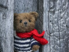brown bear in red and white striped knit sweater