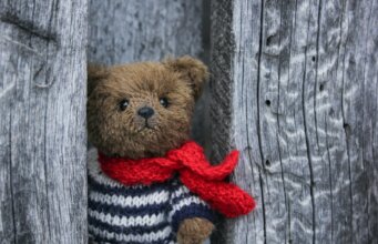 brown bear in red and white striped knit sweater