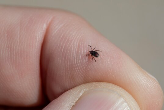 a small black insect sitting on top of a persons finger